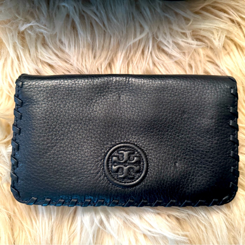 Black Tory Burch slim wallet with gold accents
